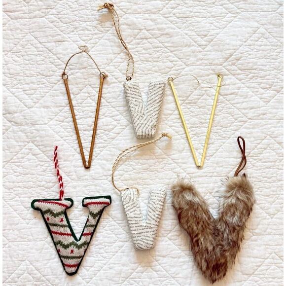 Anthropologie Target Christmas Ornament Bundle Monogram V decor lot of 6 - Picture 1 of 8